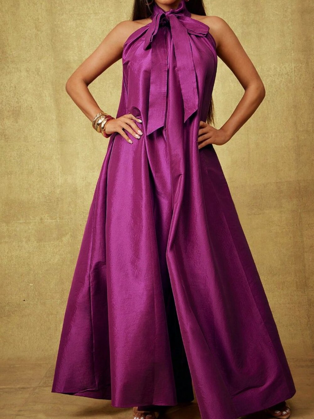 Purple Elegant Women's Taffeta Bow Tie Halter Neck Extra Wide Leg Jumpsuit - Picture 4 of 5